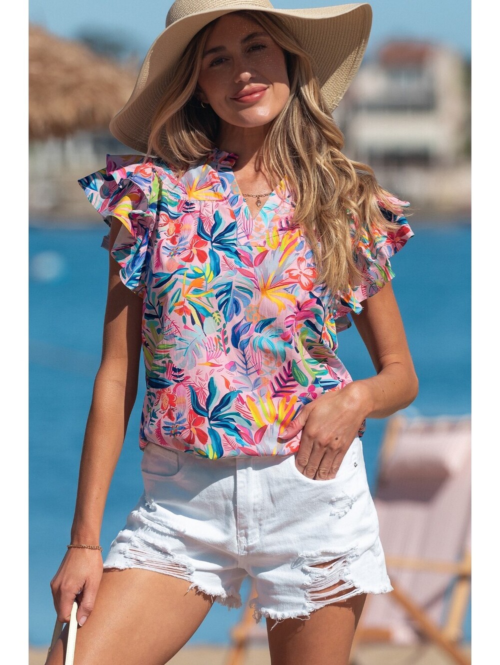 Women's Tropical Print Ruffle Sleeve Blouse